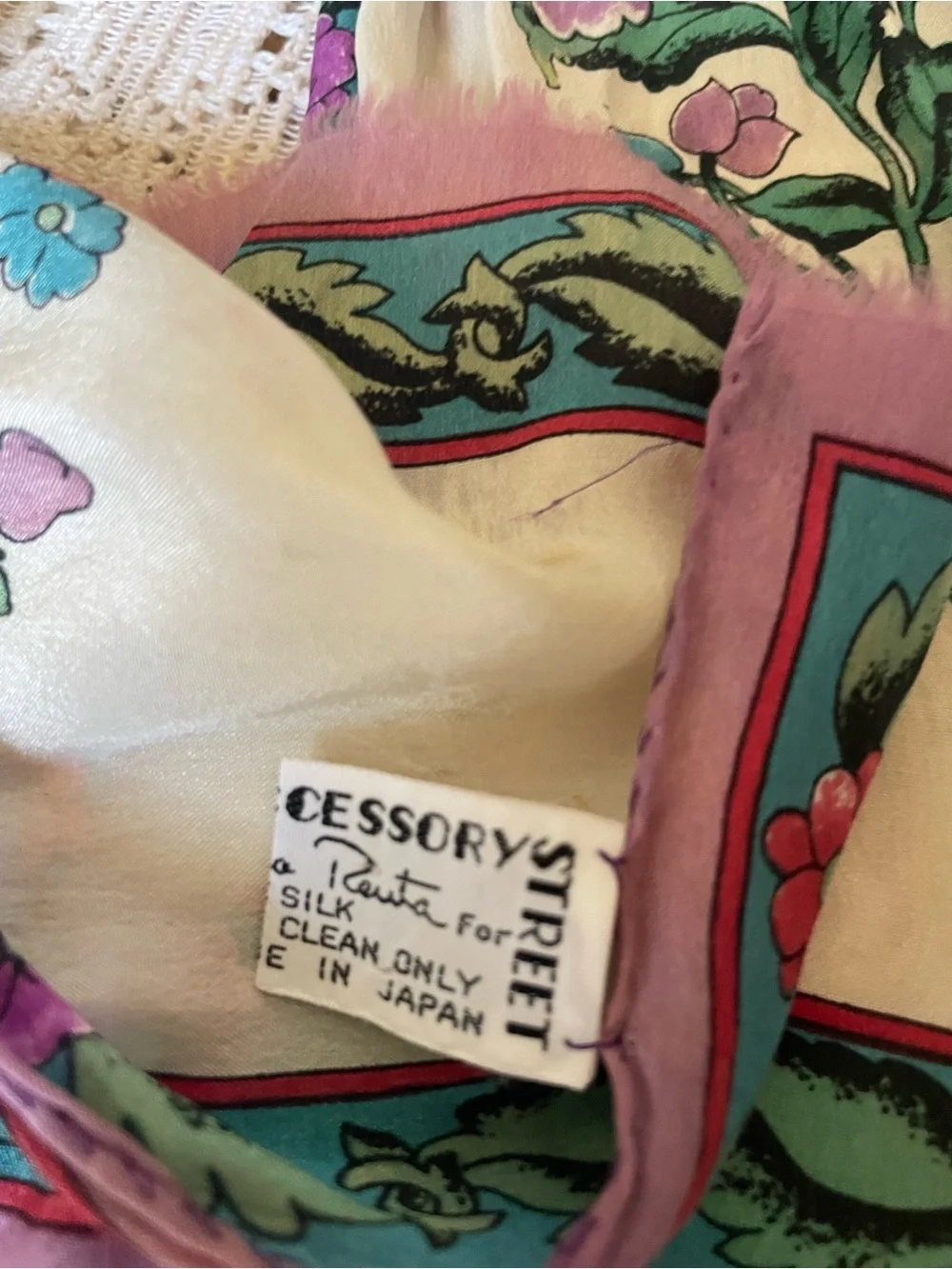 Vintage Oscar de la Renta Silk Cream, Purple, Teal Floral Silk Scarf